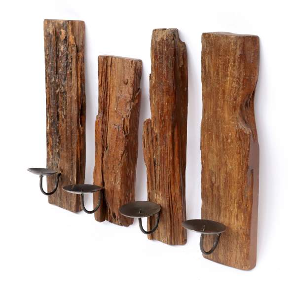 Wandkerzenhalter aus recyceltem Holz, natur, H 30-40 cm, B 10-15 cm, L 12 cm