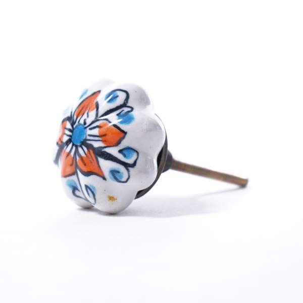 Keramik Möbelknopf 'Blume', handglasiert, orange/blau, Ø 4 cm