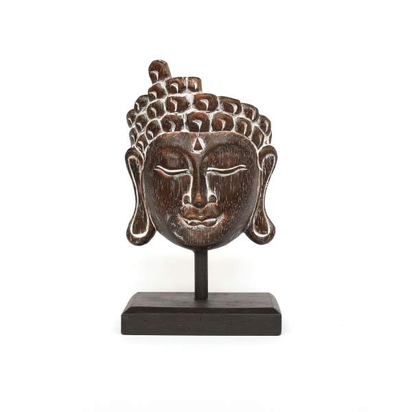 Buddha-Maske auf Sockel, schwarzbraun, H 28 cm, B 16 cm, L 10 cm