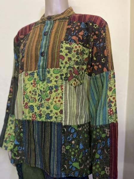 Langarmshirt 'Kura', Patchwork mit Knopfleiste