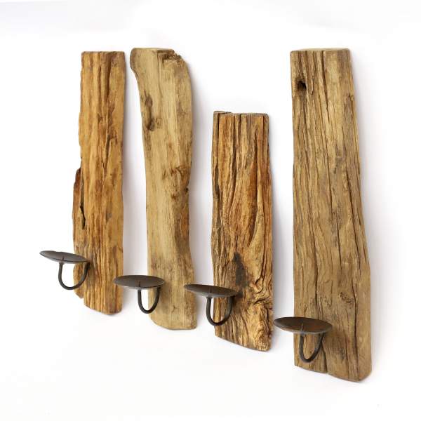 Wandkerzenhalter aus recyceltem Holz, natur, H 30-40 cm, B 10-15 cm, L 12 cm